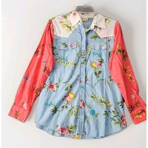 Vintage Goa Top Womens Sz M Floral Patchwork Button Up Boho Blouse Western NEW
